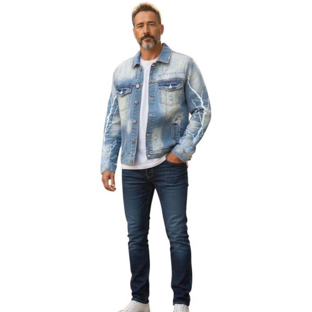 Mackeen Mens Venice Rhinestones Blue Denim Jacket Sz XXL Distressed Thunder NWOT